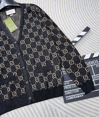 GG V-Neck Long Sleeve Cardigan Black Beige Monogram