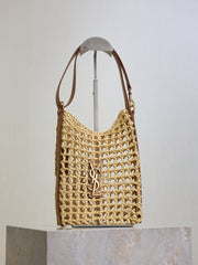 OXALIS 25 IN RAFFIA CROCHET AND LEATHER VINTAGE BROWN