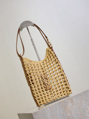 OXALIS 25 IN RAFFIA CROCHET AND LEATHER VINTAGE BROWN