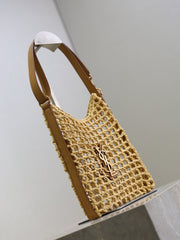 OXALIS 25 IN RAFFIA CROCHET AND LEATHER VINTAGE BROWN