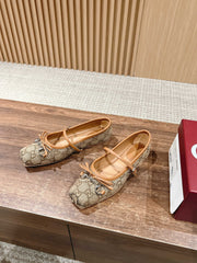 BALLET FLATS HORSEBIT IN BEIGE AND DARK BROWN CANVAS