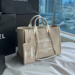 SHOPPING BAG 38 IN BEIGE AND WHITE CANVAS