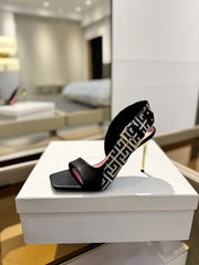 RUBY SANDALS IN BLACK CALFSKIN AND PB LABYRINTH CANVAS