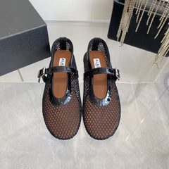 MARY JANE SHOES IN BLACK MESH AND LEATHER