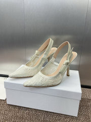 J'ADIOR SLINGBACK PUMPS IN IVORY WHITE EMBROIDERED LACE