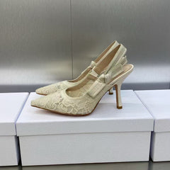 J'ADIOR SLINGBACK PUMPS IN IVORY WHITE EMBROIDERED LACE