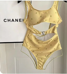 CC MONOGRAM SWIMSUIT IN YELLOW STRETCH NYLON
