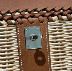 HM KELLY PICNIC HANDBAG IN BROWN & NATURAL LEATHER AND WICKER SILVER HARDWARE
