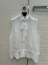 SLEEVELESS BLOUSE IN WHITE LINEN LACE TRIM AND NECK TIE
