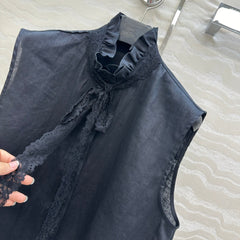 SLEEVELESS BLOUSE IN BLACK LINEN LACE TRIM AND NECK TIE