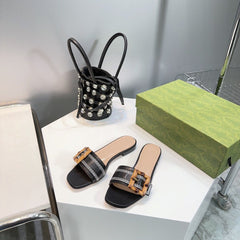 GG BAMBOO BUCKLE FLAT SANDALS BLACK