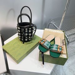 GG BAMBOO BUCKLE FLAT SANDALS GREEN