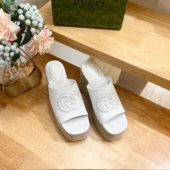 HIGH 10CM WEDGE SANDALS IN WHITE SHEEPSKIN
