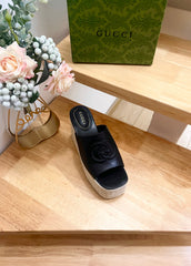 HIGH 10CM WEDGE SANDALS IN BLACK SHEEPSKIN