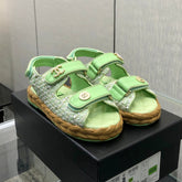VELCRO SANDALS IN GREEN PASTEL LAMBSKIN AND TWEED FABRIC