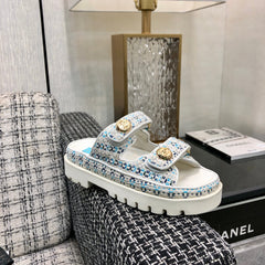 DAD SANDAL MULE IN WHITE MIX LIGHT BLUE TWEED FABRIC