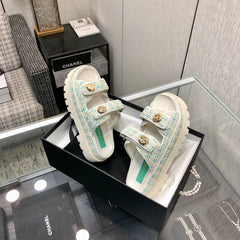 DAD SANDAL MULE IN WHITE MIX PERSIAN GREEN TWEED FABRIC