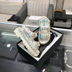 DAD SANDAL IN WHITE MIX LIGHT BLUE TWEED FABRIC