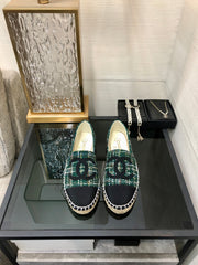 ESPADRILLE FOREST GREEN TWEED FABRIC AND BLACK CALFSKIN FLATS
