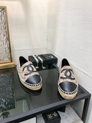 ESPADRILLE CAMEL BEIGE TWEED FABRIC AND BLACK CALFSKIN FLATS