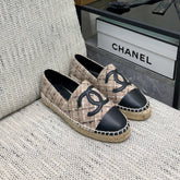 ESPADRILLE CAMEL BEIGE TWEED FABRIC AND BLACK CALFSKIN FLATS