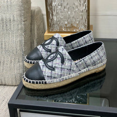 ESPADRILLE COLORFUL TWEED FABRIC AND BLACK CALFSKIN FLATS