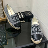 ESPADRILLE BLACK MIX WHITE TWEED FABRIC AND CALFSKIN FLATS 185046