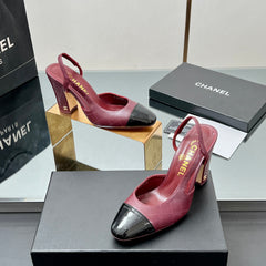 CC SLINGBACK 25S 90 MM IN BURGUNDY LAMBSKIN AND BLACK GLOSSY LEATHER WITH CHECK PATTERN