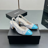 CC SLINGBACK 25S 65 MM IN BLUE TWEED AND GLOSSY LEATHER