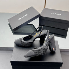 CC SLINGBACK 25S 95 MM IN BLACK FABRIC AND LAMBSKIN