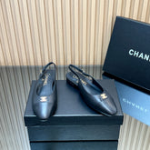 CHANEL 25S SLINGBACK FLATS IN BLACK CALFSKIN GOLD HARDWRE