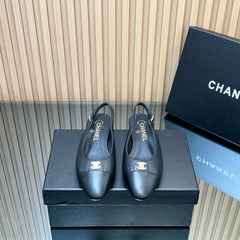 CHANEL 25S SLINGBACK FLATS IN BLACK CALFSKIN GOLD HARDWRE