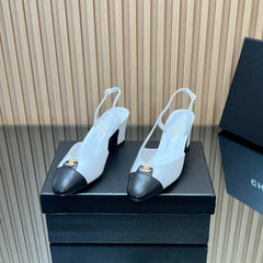 CHANEL 25S SLINGBACK SHOE LOGO 65MM IN WHITE CALFSKIN GOLD HARDWRE