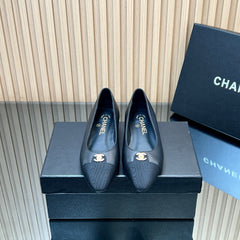 CHANEL 25S BALLET FLATS LOGO IN BLACK CALFSKIN AND CANVAS GOLD HARDWRE