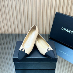 CHANEL 25S BALLET FLATS LOGO IN BEIGE CALFSKIN AND BLACK CANVAS GOLD HARDWRE