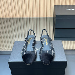 CHANEL 25S SLINGBACK FLATS SHOES IN BLACK TWEED