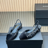 CHANEL 25S SLINGBACK FLATS SHOES IN BLACK TWEED