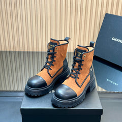 CHANEL 25S LACE-UP ANKLE BOOTS IN DARK CARAMEL SUEDE AND BLACK CALFSKIN