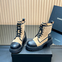 CHANEL 25S LACE-UP ANKLE BOOTS IN BROWN BLACK SUEDE AND CALFSKIN