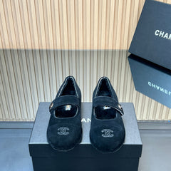 CHANEL 25S FURRY MARY JANE SHOES IN BLACK SUEDE