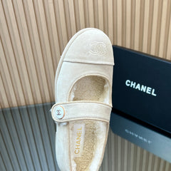 CHANEL 25S FURRY MARY JANE SHOES IN IVORY SUEDE