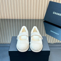 CHANEL 25S FURRY MARY JANE SHOES IN IVORY SUEDE