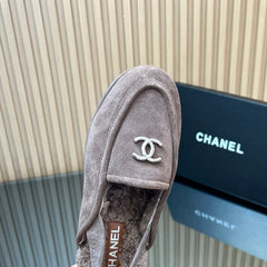 CHANEL 25S BACK STRAP MULE 15MM IN TAUPE GRAY SUEDE AND WOOL SILVER HARDWRE