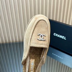 CHANEL 25S BACK STRAP MULE 15MM IN LIGHT BROWN SUEDE AND WOOL SILVER HARDWRE