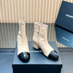CHANEL 25S BOOTS WITH PATENT TOE CAP 50MM IN BEIGE AND BLACK CALFSKIN