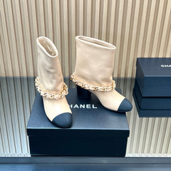 CHANEL 25S LOW BOOTS 65MM IN BEIGE CALFSKIN GOLD HARDWRE