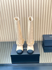 CHANEL 25S HIGH BOOTS 65MM IN BEIGE CALFSKIN GOLD HARDWRE