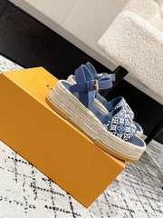 LV PLATFORM ESPADRILLE SANDALS 25S IN DARK BLUE FABRIC