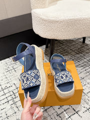 LV PLATFORM ESPADRILLE SANDALS 25S IN DARK BLUE FABRIC