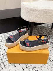 LV PLATFORM ESPADRILLE SANDALS 25S IN NAVY BLUE DENIM